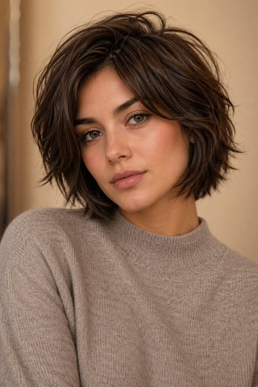 Short shag hairstyle with textured layers and modern volume for women