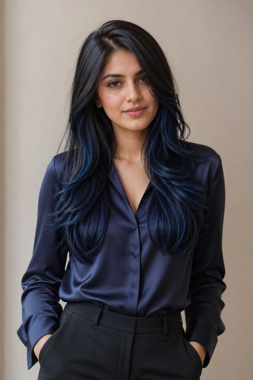 Blue balayage for brunettes featuring soft blended navy, teal, and pastel tones on long layered hair with natural dark roots and glossy finish