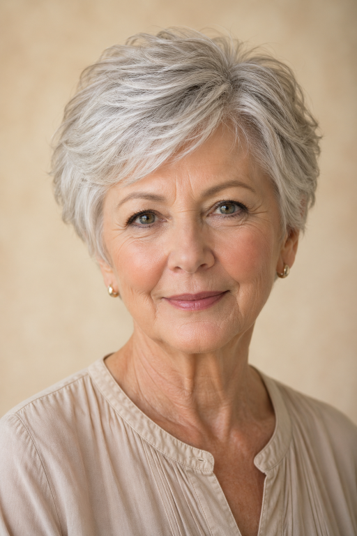 Short haircuts for women over 70 featuring layered pixie, soft bob, and easy low-maintenance styles for thinning hair