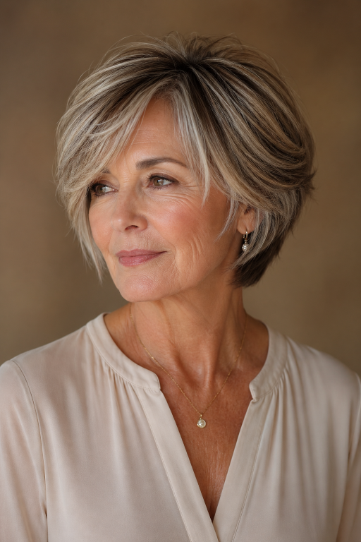 Elegant older woman (age 60+) with natural wrinkles and soft features showcasing a chic pixie bob haircut,