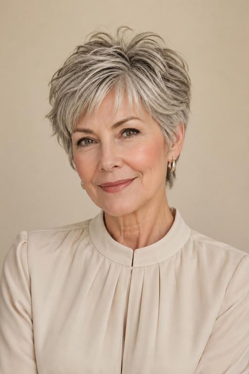 Hairstyles for women over 50 with thin fine hair showing layered bobs and pixie cuts that add volume and fullness