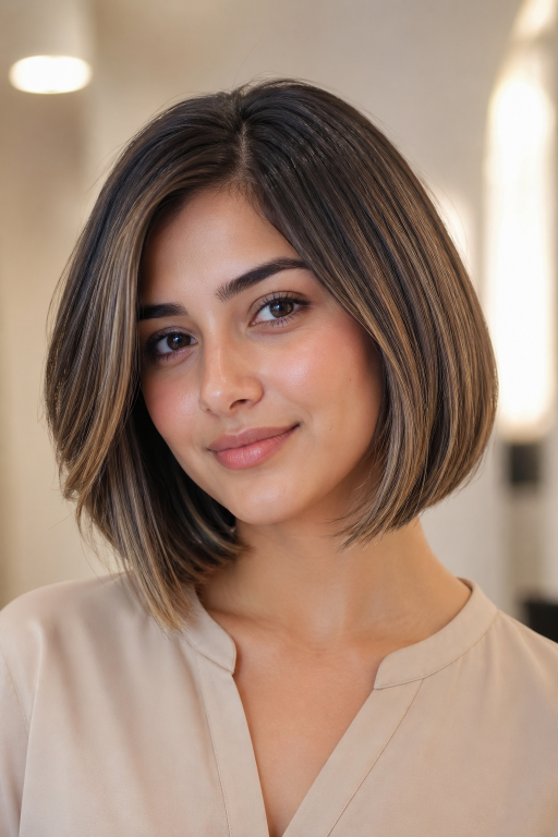 Brown and blonde balayage on short hair showcasing soft blended highlights, dimensional tones, and modern low-maintenance color for a natural, sun-kissed look