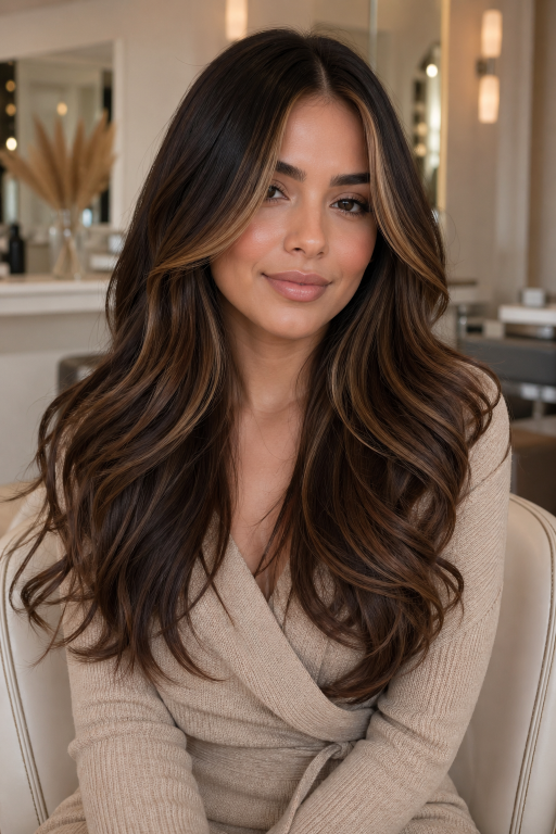Brunette balayage with money piece highlighting face-framing strands for a bright, dimensional modern hair look