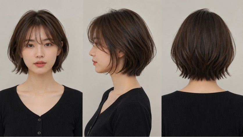 Thin fine hair makeover with soft layered bob and wispy bangs adding natural volume and face-framing shape