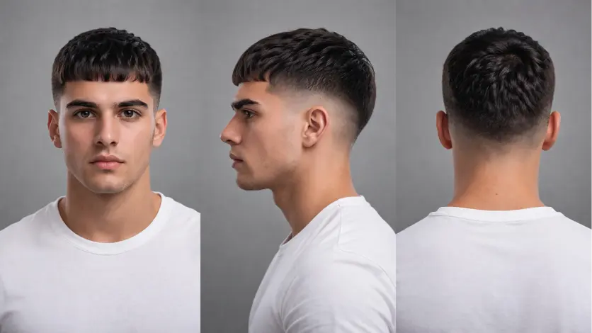 different Edgar haircuts for men showing fade variations, textured tops, and blunt fringe styles on various hair types