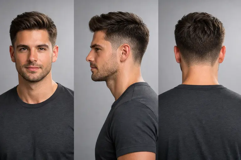 Classic burst taper fade haircut for men with medium-length textured top and clean curved fade around the ears