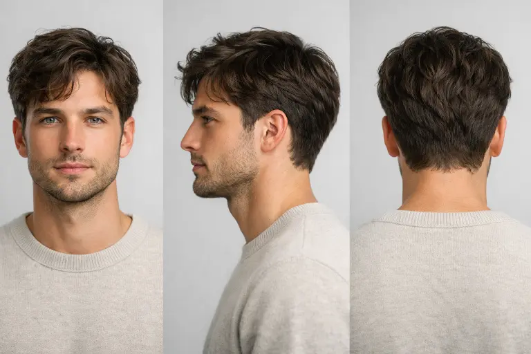 Textured crop low taper fade wavy hairstyle for men with short choppy waves and messy fringe
