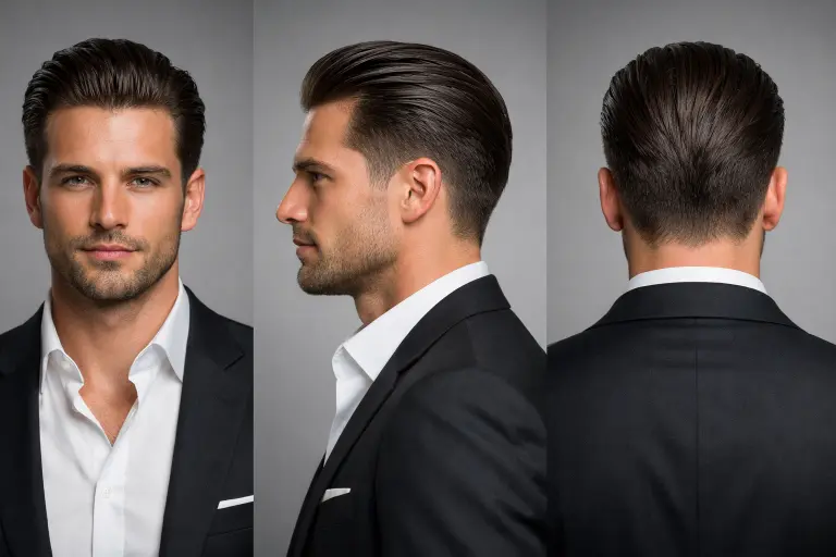 classic slick back taper fade haircut with medium length straight hair combed back and softly tapered sides