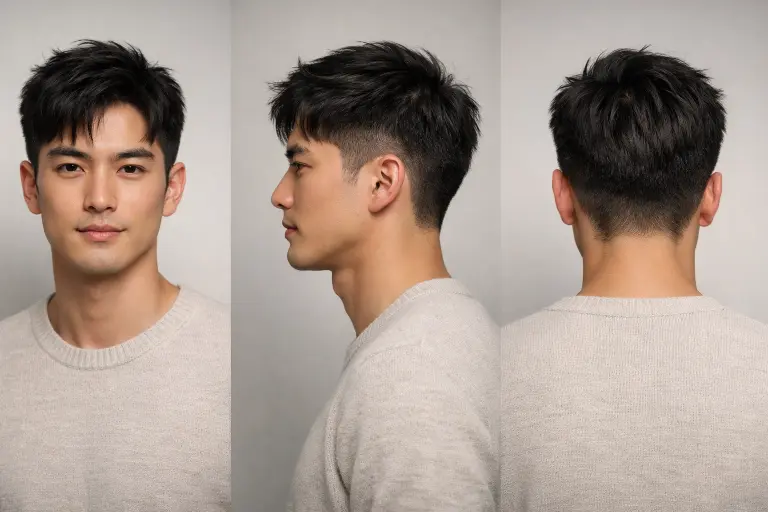 Low taper fade with natural top on straight thick Asian hair, softly blended sides with lightly textured volume on top for a clean everyday look
