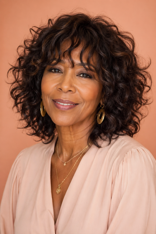 Confident older Black woman with natural gray curls in a stylish wash-and-go hairstyle, showcasing low-maintenance beauty and elegance