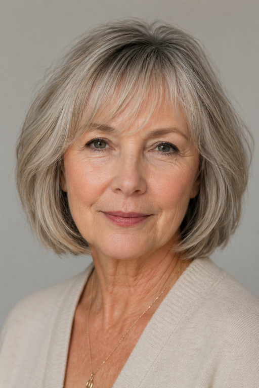 Hairstyles for women over 60 with bangs featuring layered bobs, pixie cuts, and soft fringes that flatter mature faces and fine hair