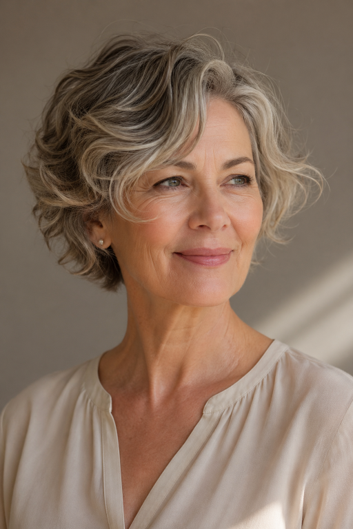 Elegant older woman (age 60+) with natural wrinkles and soft features showcasing a chic pixie bob haircut,
