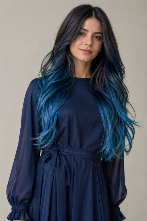 Blue balayage for brunettes featuring soft blended navy, teal, and pastel tones on long layered hair with natural dark roots and glossy finish