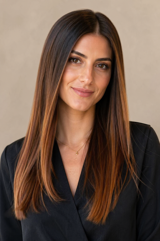 Caramel copper balayage on brunette hair with warm dimensional highlights and soft blended tones creating a natural sun-kissed look
