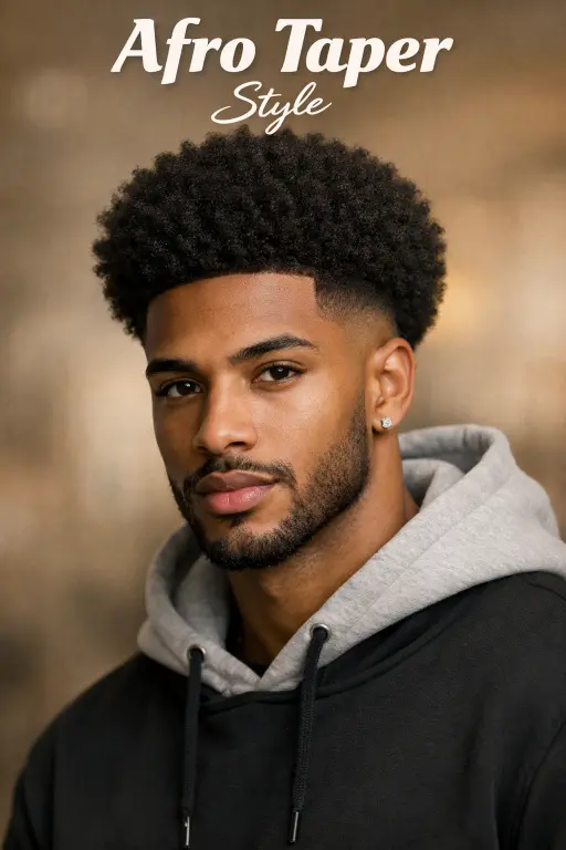 bald taper fade with afro top showing full rounded volume and clean neckline taper