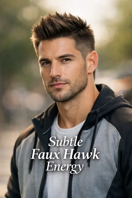 Burst taper fade haircut for men with faux hawk styling and slightly raised center section