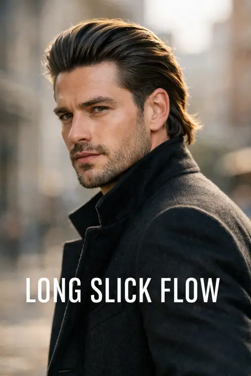 long slick back taper fade with thick hair flowing backward and clean tapered sides for contrast