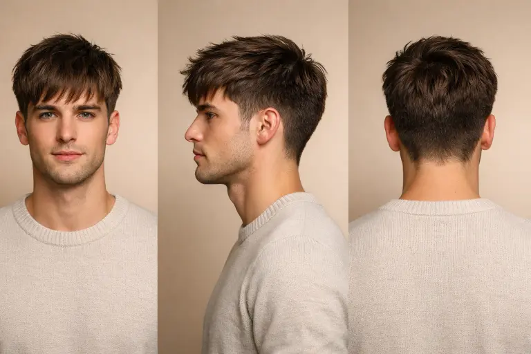 various blowout taper haircut styles for men showing different taper fades, hair lengths, and textures including curly, wavy, and straight hair with voluminous tops and clean sides