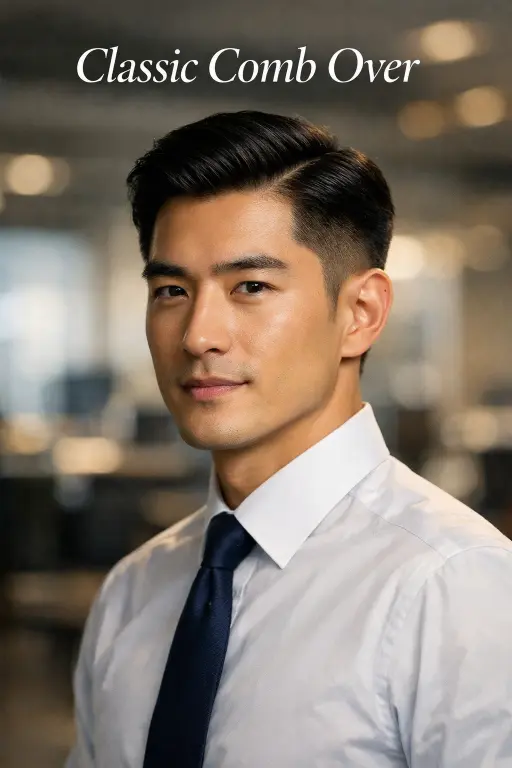 Taper fade with comb over on straight Asian hair, structured side-swept top with clean tapered sides for a neat controlled finish