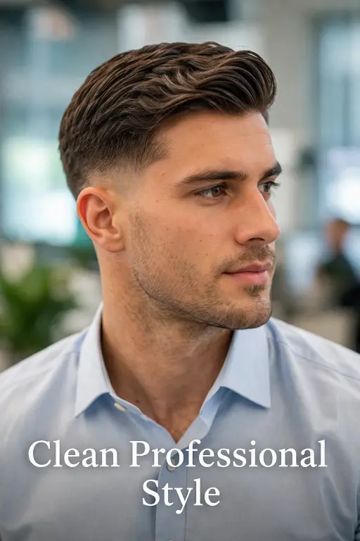 side part hairstyle with temple fade haircut for men featuring neatly combed top and soft fade around temples