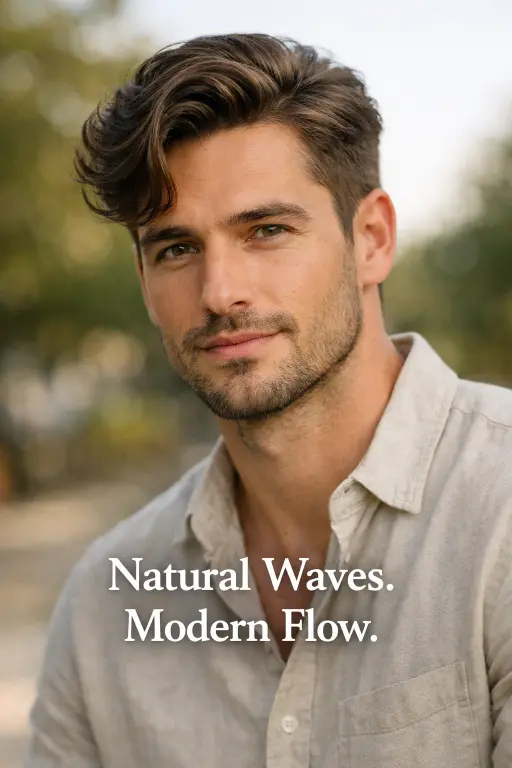 Wavy taper comb over fade style with natural waves, soft side part, and tapered sides creating a relaxed textured look