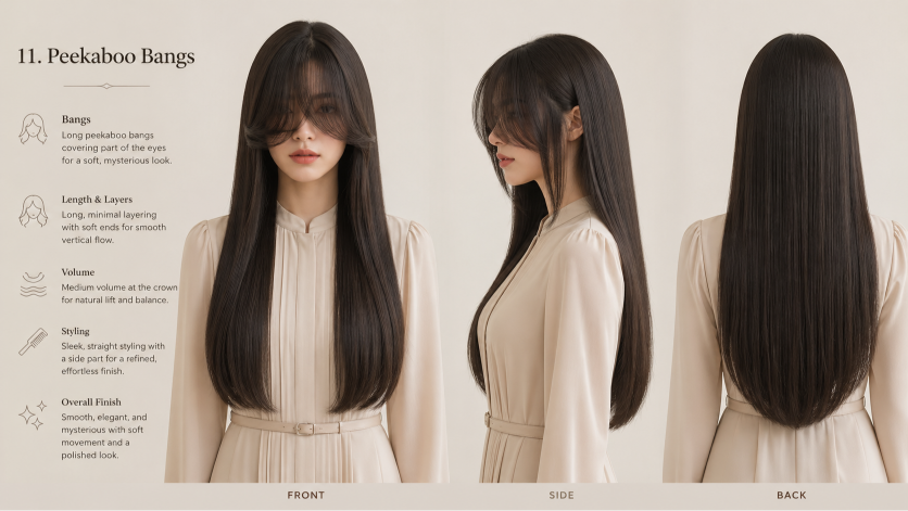 Bangs hairstyles for round faces featuring side-swept and curtain fringe that slim and frame soft facial features
