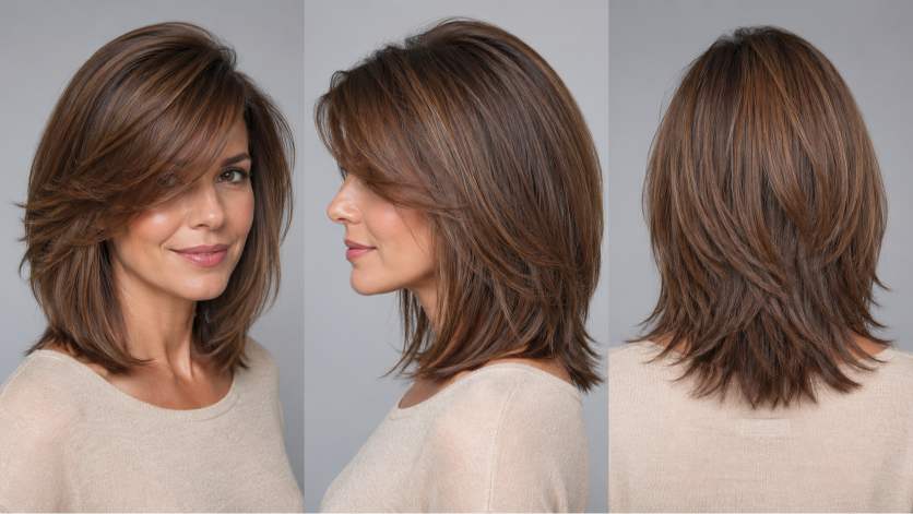 Thin fine hair makeover with soft layered bob and wispy bangs adding natural volume and face-framing shape