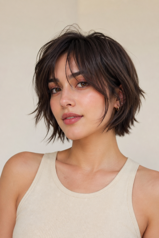 Short shaggy bob haircut with textured layers and effortless volume for modern women