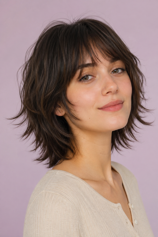 Short shag hairstyle with textured layers and modern volume for women