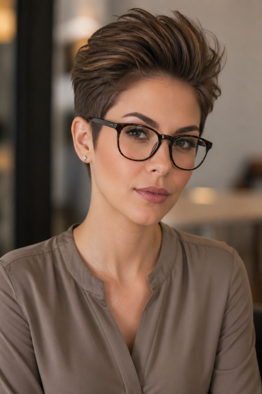 Short pixie haircut for women with glasses showing flattering modern styles for different face shapes