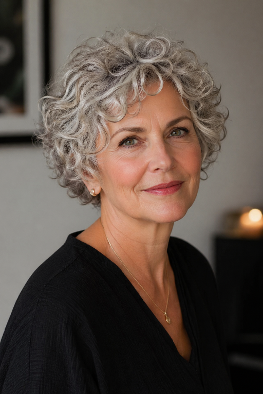 Elegant older woman (age 60+) with natural wrinkles and soft features showcasing a chic pixie bob haircut,