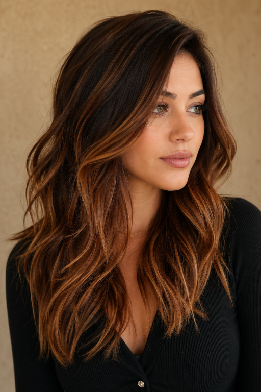 Caramel copper balayage on brunette hair with warm dimensional highlights and soft blended tones creating a natural sun-kissed look