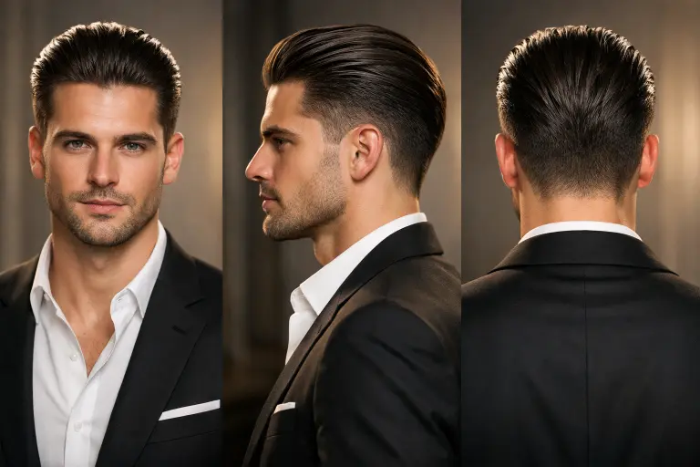 Burst taper fade haircut for men with slicked-back straight hair and smooth polished finish