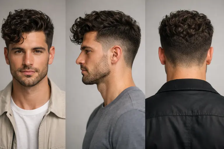 Curly taper comb over fade style with defined curls on top, gradual taper on the sides, and structured side direction
