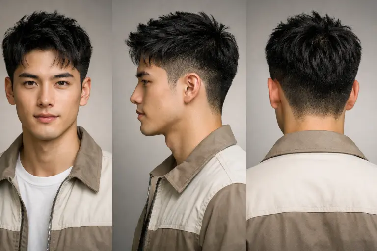 Drop taper fade with textured top on thick Asian hair, curved fade behind the ear with layered top adding depth and natural movement