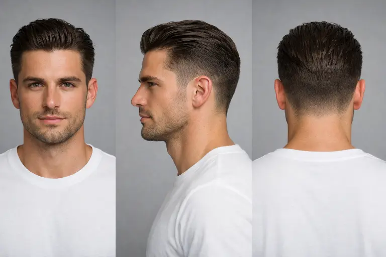 short slick back taper fade haircut with shorter top length and subtle brushed back styling