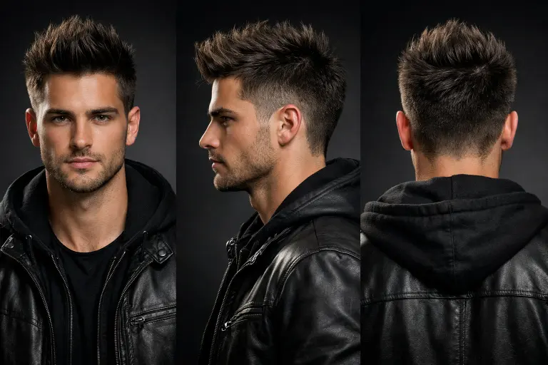 faux hawk with temple fade haircut for men showing lifted center volume and tight faded sides