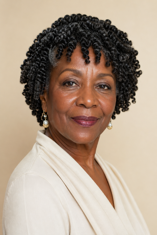 Confident older Black woman with natural gray curls in a stylish wash-and-go hairstyle, showcasing low-maintenance beauty and elegance