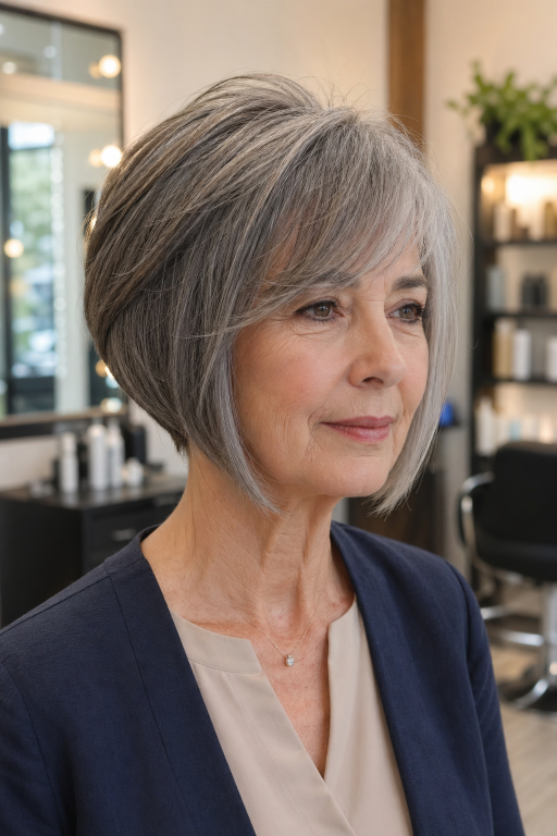Hairstyles for women over 60 with bangs featuring layered bobs, pixie cuts, and soft fringes that flatter mature faces and fine hair