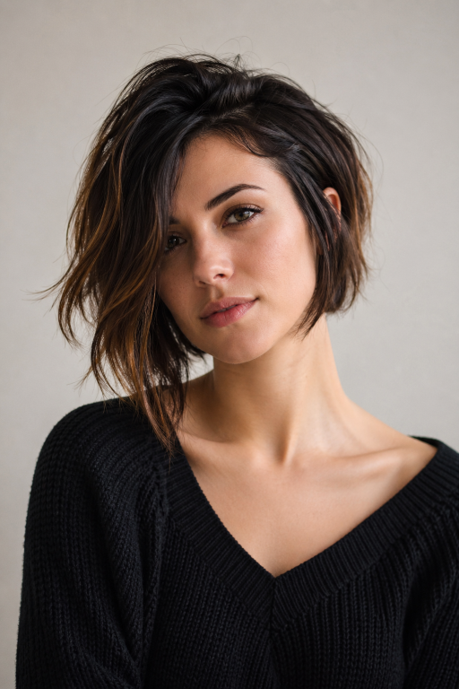 Short shaggy bob haircut with textured layers and effortless volume for modern women