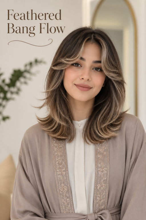 Bangs hairstyles for round faces featuring side-swept and curtain fringe that slim and frame soft facial features