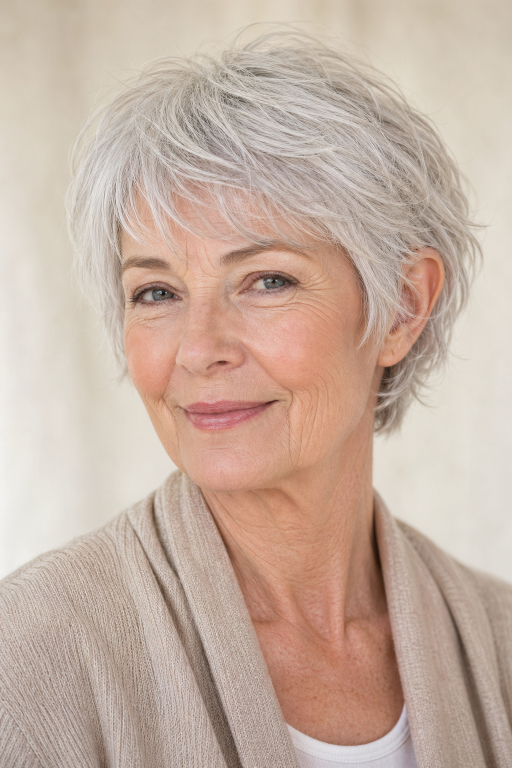 Short haircuts for women over 70 featuring layered pixie, soft bob, and easy low-maintenance styles for thinning hair