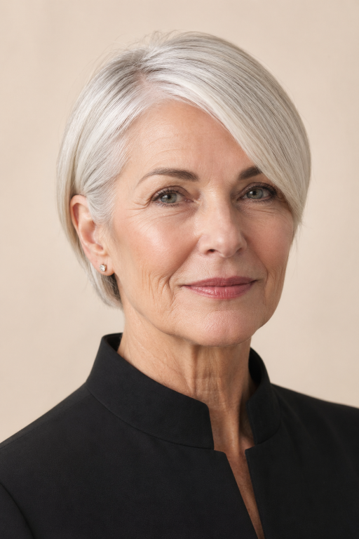 Elegant older woman (age 60+) with natural wrinkles and soft features showcasing a chic pixie bob haircut,