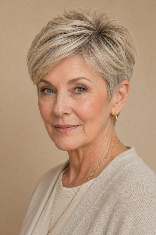 Hairstyles for women over 50 with thin fine hair showing layered bobs and pixie cuts that add volume and fullness