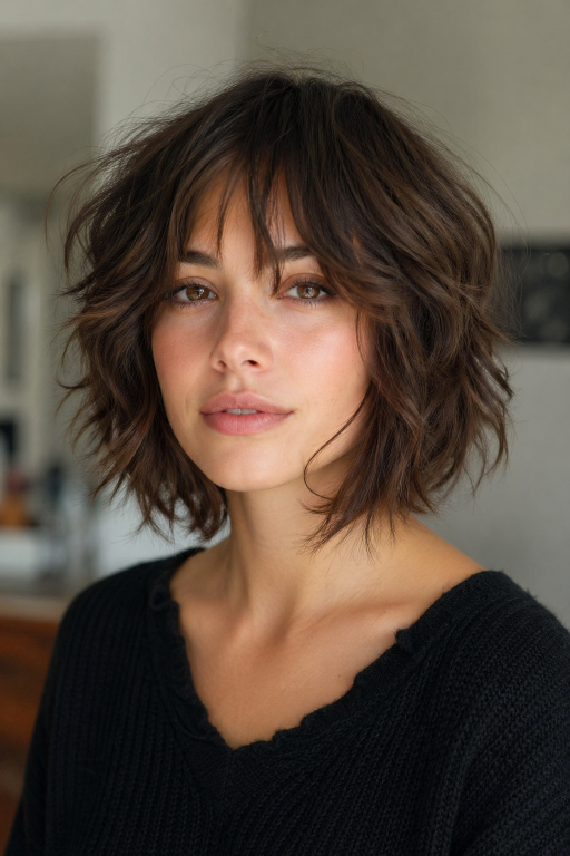 Choppy bob haircut for thin fine hair with textured layers adding natural volume and movement