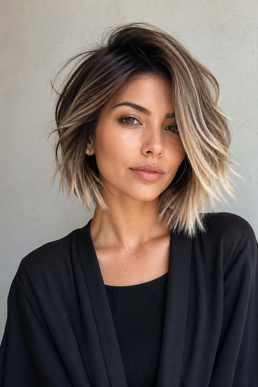 Brown and blonde balayage on short hair showcasing soft blended highlights, dimensional tones, and modern low-maintenance color for a natural, sun-kissed look