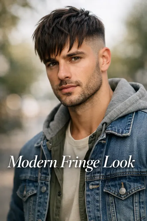 bald taper fade with fringe showing longer front hair falling naturally over the forehead