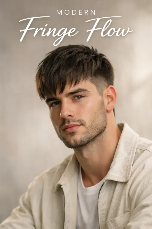 Burst taper fade haircut for men with forward fringe and soft textured front