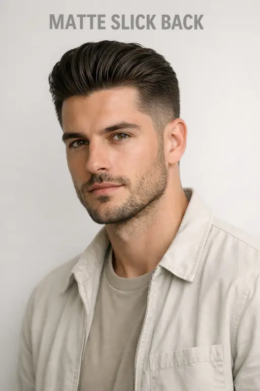 matte finish slick back taper fade with natural texture and soft, non-shiny styling on top