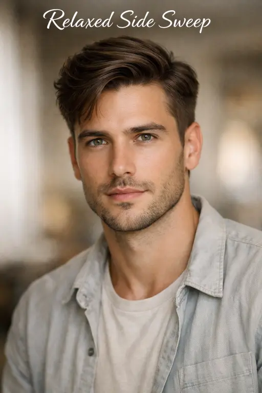 Side-swept taper comb over fade style with loose styling, medium-length hair, and soft taper blending into natural flow